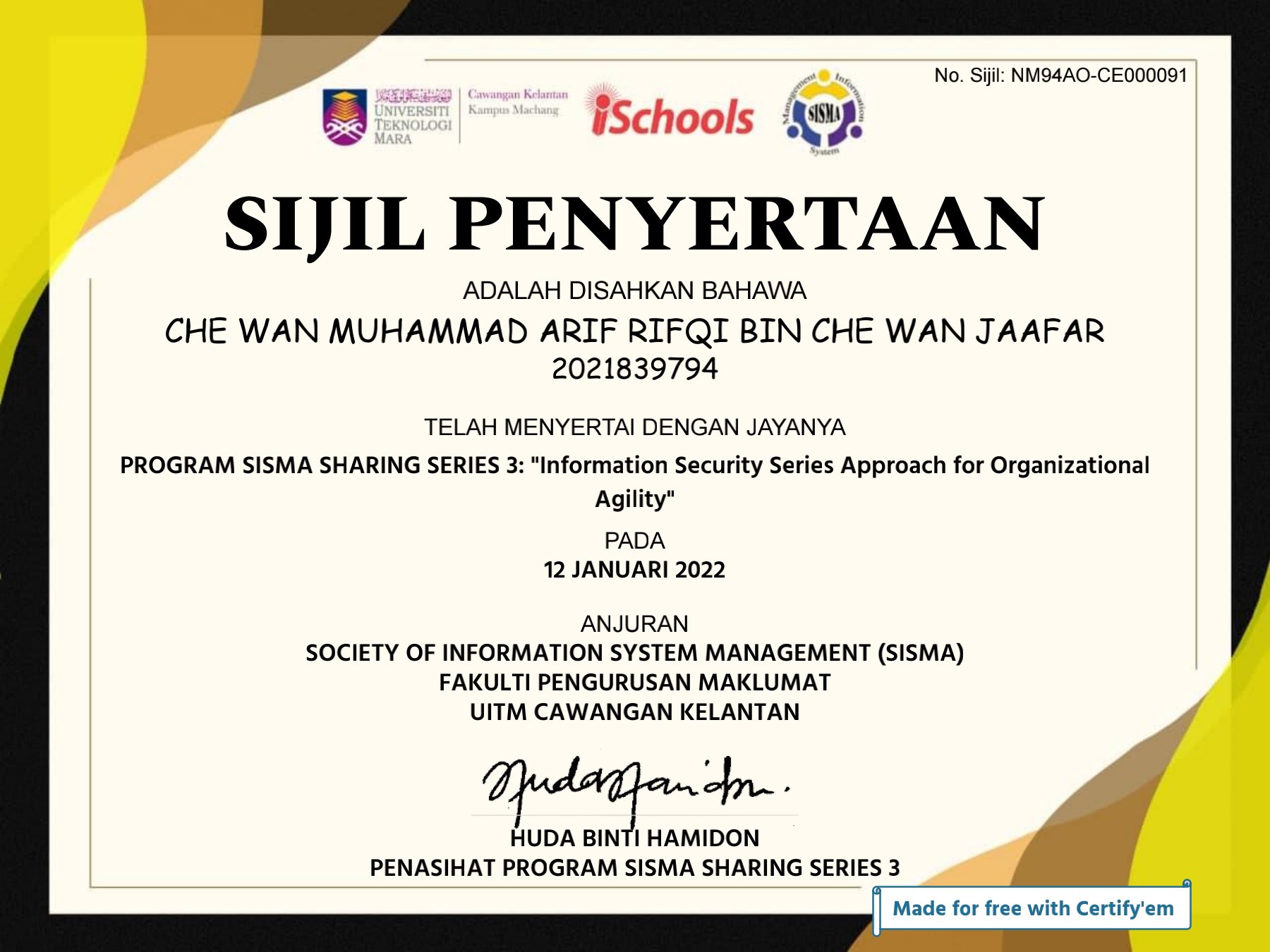 SISMA Series 3 Certificate